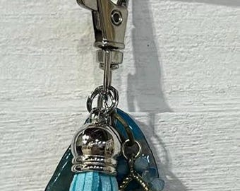 Handmade Small BLUE UPCYCLED DANGLE with "Paper Charm" – Purse Keychain Accessory.  One of a Kind Bag Accessory.