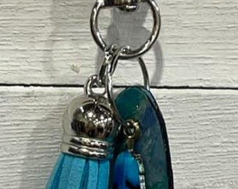 Handmade Small Teal GREEN UPCYCLED DANGLE with "Paper Charm" – Purse Keychain Accessory.  One of a Kind Bag Accessory.