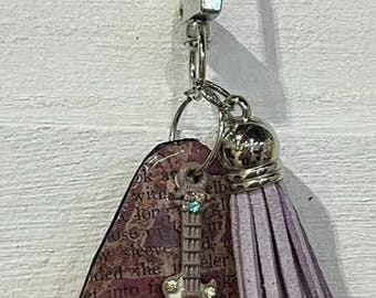 Handmade Small PURPLE UPCYCLED DANGLE with "Paper Charm" – Purse Keychain Accessory.  One of a Kind Bag Accessory.