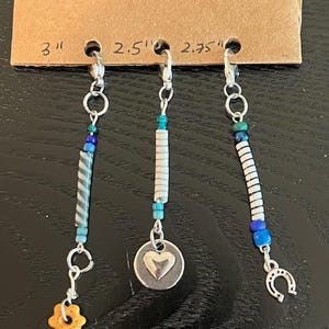 HANDMADE Set of 3 Blue Purse/Bag/Keychain/Zipper Pull Mini CHARM DANGLES made with African Rubber Beads + a Charm. One of a Kind!