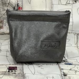 Dark Silver Metallic LEATHER ROLL CLUTCH Snapbag - Designer Print - Stylish and Modern - Purse or Travel Bag - Handmade by Mimi - Bag 13