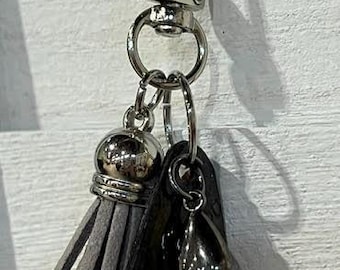 Handmade Small GRAY UPCYCLED DANGLE with "Paper Charm" – Purse Keychain Accessory.  One of a Kind Bag Accessory.