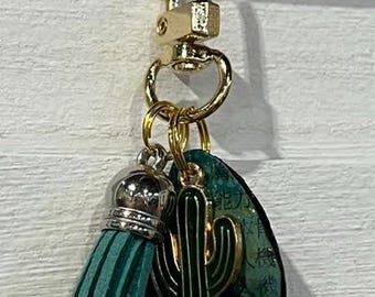 Handmade Small Teal GREEN UPCYCLED DANGLE with "Paper Charm" – Purse Keychain Accessory.  One of a Kind Bag Accessory.