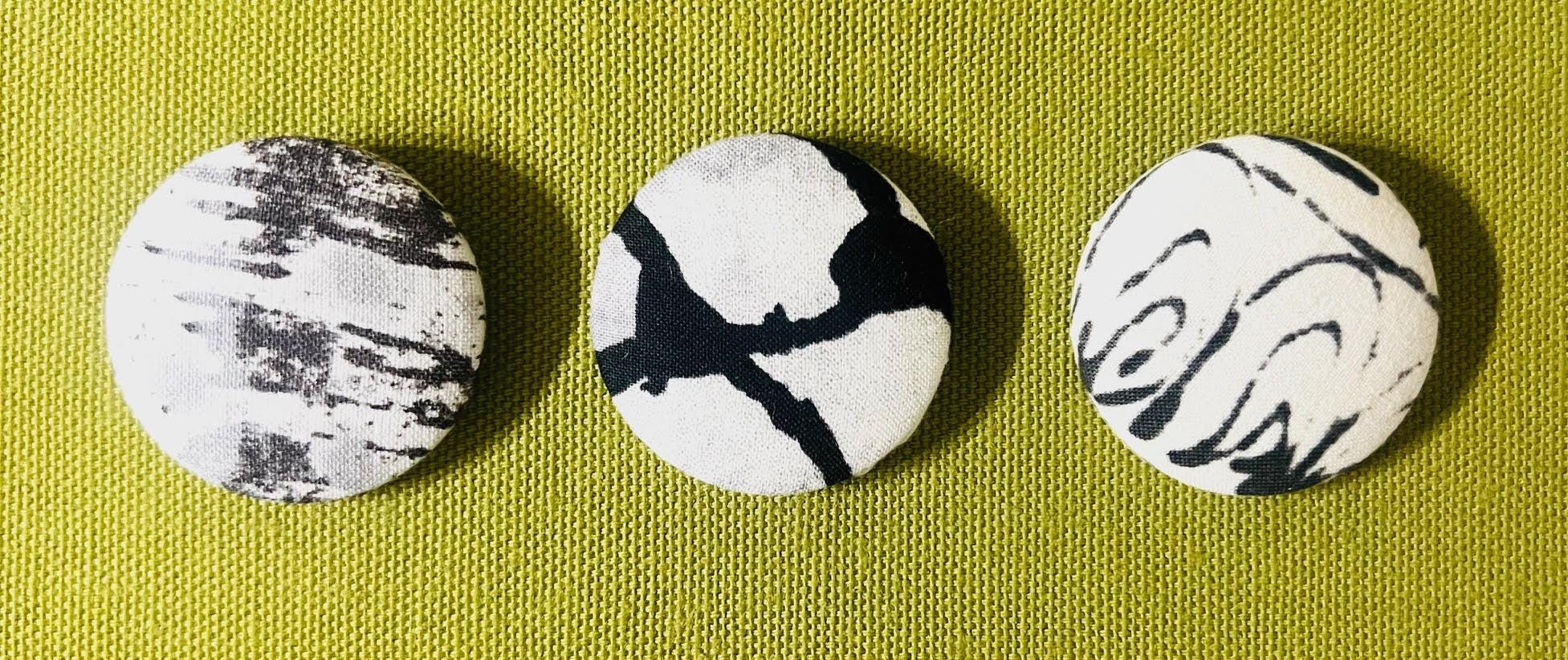 Handmade MARCIA DERSE Fabric Buttons - 1.5" Round Oversized Buttons - SET of 3 - Black & White Prints - Set Number 6