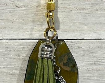 Handmade Small GREEN UPCYCLED DANGLE with "Paper Charm" – Purse Keychain Accessory.  One of a Kind Bag Accessory.