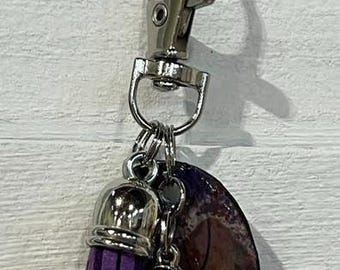 Handmade Small PURPLE UPCYCLED DANGLE with "Paper Charm" – Purse Keychain Accessory.  One of a Kind Bag Accessory.