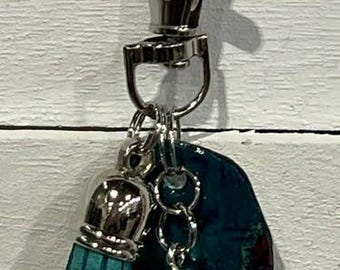 Handmade Small Teal GREEN UPCYCLED DANGLE with "Paper Charm" – Purse Keychain Accessory.  One of a Kind Bag Accessory.
