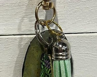 Handmade Small GREEN UPCYCLED DANGLE with "Paper Charm" – Purse Keychain Accessory.  One of a Kind Bag Accessory.