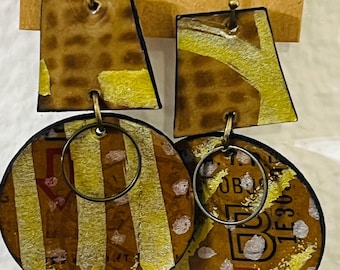 Paper Dangle Earrings made from HAND PAINTED PAPERS + Recycled Papers - Handmade One of a Kind Lightweight Paper Jewelry.  Gold + Tan.