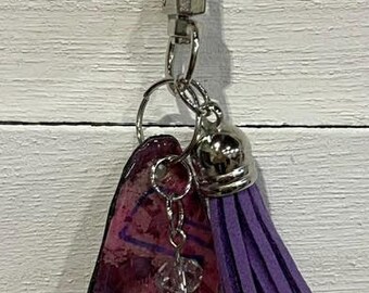 Handmade Small PURPLE UPCYCLED DANGLE with "Paper Charm" – Purse Keychain Accessory.  One of a Kind Bag Accessory.