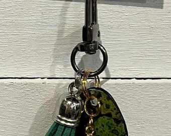 Handmade Small GREEN UPCYCLED DANGLE with "Paper Charm" – Purse Keychain Accessory.  One of a Kind Bag Accessory.