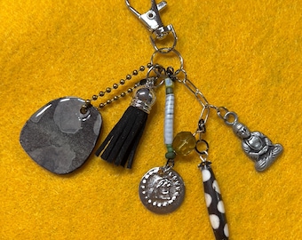 HANDMADE Black Gray Purse/Bag/Keychain/Zipper Pull CHARM DANGLE made with Handmade Upcycled PaperCharm & Beads + Blk Tassel. One of a Kind!