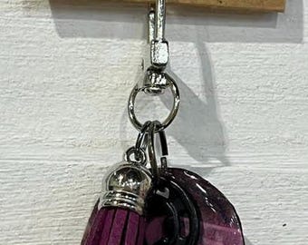 Handmade Small PURPLE UPCYCLED DANGLE with "Paper Charm" – Purse Keychain Accessory.  One of a Kind Bag Accessory.