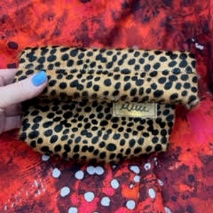 Brown & Black Cheetah Print LEATHER ROLL CLUTCH Snapbag - Animal Print - Stylish and Modern - Purse or Travel Bag - Handmade by Mimi - Bag 1