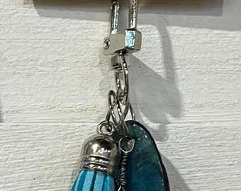 Handmade Small Teal BLUE UPCYCLED DANGLE with "Paper Charm" – Purse Keychain Accessory.  One of a Kind Bag Accessory.