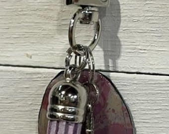Handmade Small PURPLE UPCYCLED DANGLE with "Paper Charm" – Purse Keychain Accessory.  One of a Kind Bag Accessory.