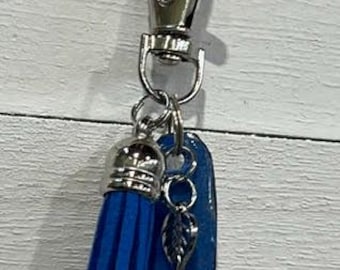 Handmade Small BLUE UPCYCLED DANGLE with "Paper Charm" – Purse Keychain Accessory.  One of a Kind Bag Accessory.