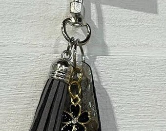 Handmade Small GRAY UPCYCLED DANGLE with "Paper Charm" – Purse Keychain Accessory.  One of a Kind Bag Accessory.