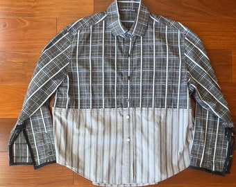 UPCYCLED Reworked WOMENS SHIRT-Blk/Grey/Wht Stripes/Plaid-50/50 Mashup Shirt-Cotton Mens Dress Shirts-Modern-Bell Sleeve-Marcia Derse Fabric