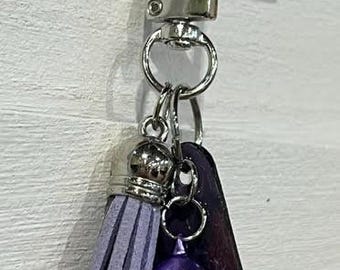 Handmade Small PURPLE UPCYCLED DANGLE with "Paper Charm" – Purse Keychain Accessory.  One of a Kind Bag Accessory.