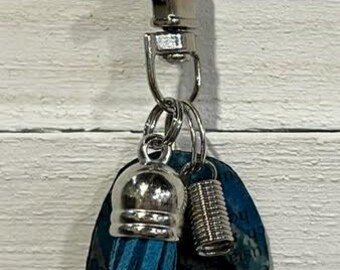 Handmade Small Teal BLUE UPCYCLED DANGLE with "Paper Charm" – Purse Keychain Accessory.  One of a Kind Bag Accessory.