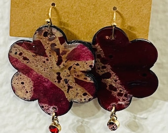Paper Dangle Earrings made from HAND PAINTED PAPERS + Recycled Papers - Handmade One of a Kind Lightweight Paper Jewelry.  Hot Pink + Tan.