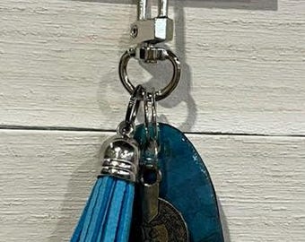 Handmade Small Teal BLUE UPCYCLED DANGLE with "Paper Charm" – Purse Keychain Accessory.  One of a Kind Bag Accessory.