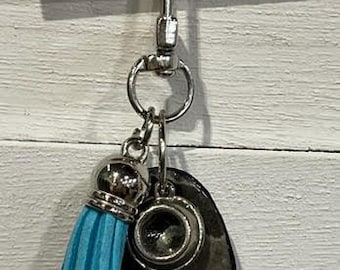 Handmade Small GRAY UPCYCLED DANGLE with "Paper Charm" – Purse Keychain Accessory.  One of a Kind Bag Accessory.