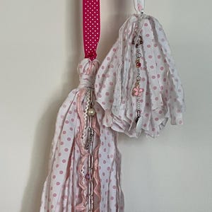 MODERN BOHO Pink TASSLES set of 2 made w/ Upcycled Fabrics + Beads & Charms. Hang on handles for Doors, Purses, Bags. Handmade Shabby Chic!