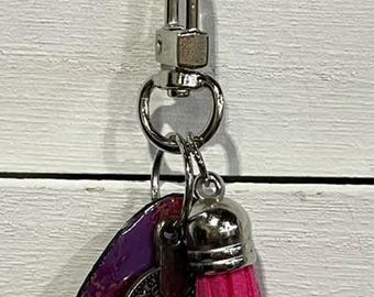Handmade Small PURPLE UPCYCLED DANGLE with "Paper Charm" – Purse Keychain Accessory.  One of a Kind Bag Accessory.