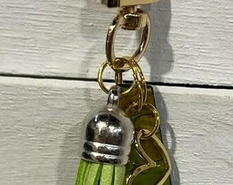 Handmade Small GREEN UPCYCLED DANGLE with "Paper Charm" – Purse Keychain Accessory.  One of a Kind Bag Accessory.