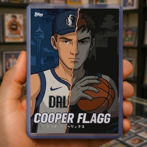 Custom Cooper Flagg Dallas Mavericks Anime Style Basketball Art Card – Split Face Design, Collectible Fan Art Print
