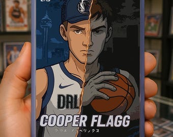 Custom Cooper Flagg Dallas Mavericks Anime Style Basketball Art Card – Split Face Design, Collectible Fan Art Print