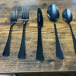 Mirror Black Engraved fork set of 5 silverware party wedding gift for her him mom wife kitchen cutlery cook chef stainless steel engraved