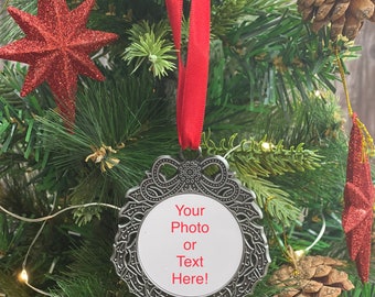 Custom photo ornament, Pewter Wreath ornament, photo ornament, picture ornament, christmas ornament, Back Laser Engraving Available!