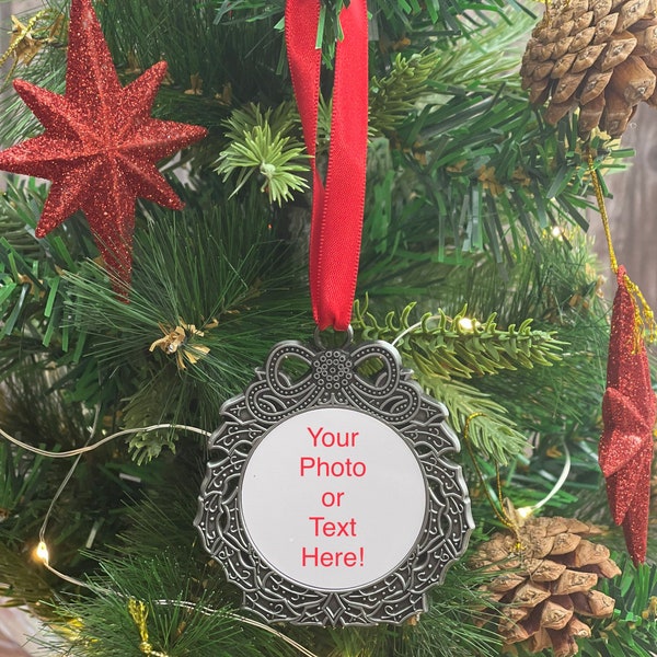 Custom photo ornament, Pewter Wreath ornament, photo ornament, picture ornament, christmas ornament, Back Laser Engraving Available!