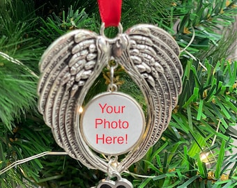 Angel Wings Pet Paw Photo Ornament, Memorial Photo Ornament, Pet Memorial Ornament, Back engraving available! FREE SHIPPING! Multiple colors