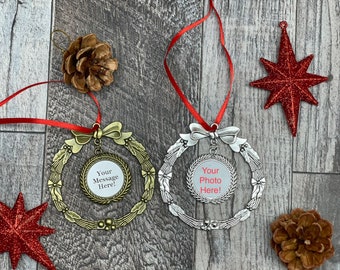Custom photo ornament, Pewter or Bronze Dangling Wreath ornament, picture ornament, christmas ornament, Back Laser Engraving Available
