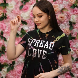Spread Love Galaxy Opal Tie Dye Metallic Tee T Shirt Colorful Positive Messaging Trendy