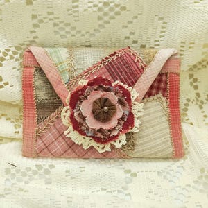 Patchwork Fabric Mini Pouch, multi-colored/pink, small purse, wallet, hand embroidered, slow stitched