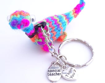 Teacher Gift Thank you Dinosaur Keyring Keychain Kawaii Special Teacher Charm Unusual Quirky Rainbow Knitted Accessory For Him Her Unisex