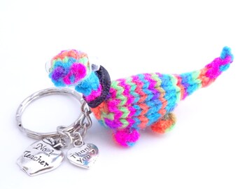 Teacher Gift Thank you Rainbow Dinosaur Keyring Keychain Kawaii No 1. Teacher Charm Unusual Quirky Knitted Accessory Cute For Him Her Unisex