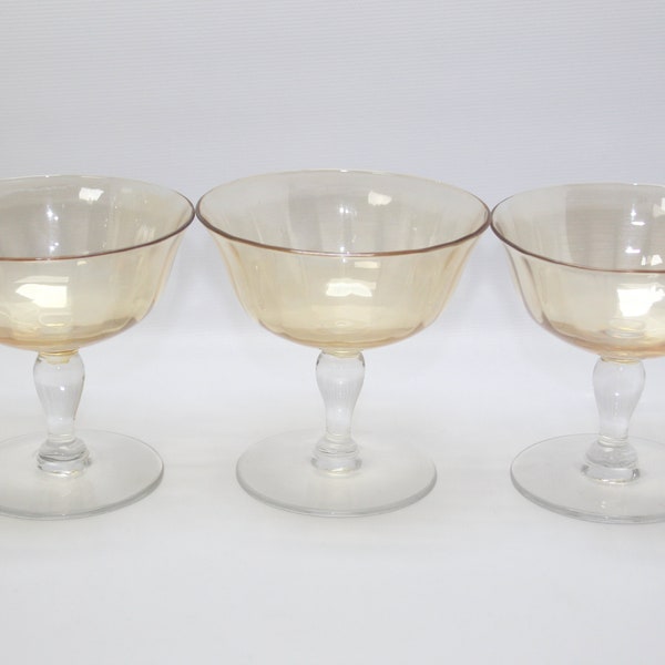 3  Champagne/Sherbet Glasses- Optic iredescent Amber- Small Stem- 3 3/4 ” tall