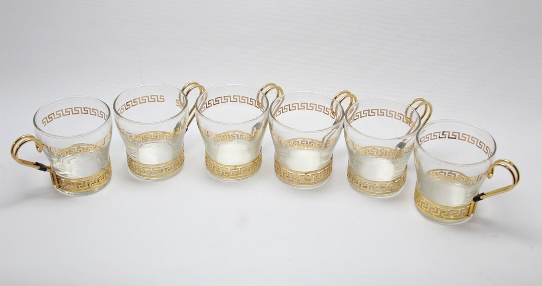 Libbey Gold Greek Key Cups Continental Glass Coffee Espresso Mugs - Set ...