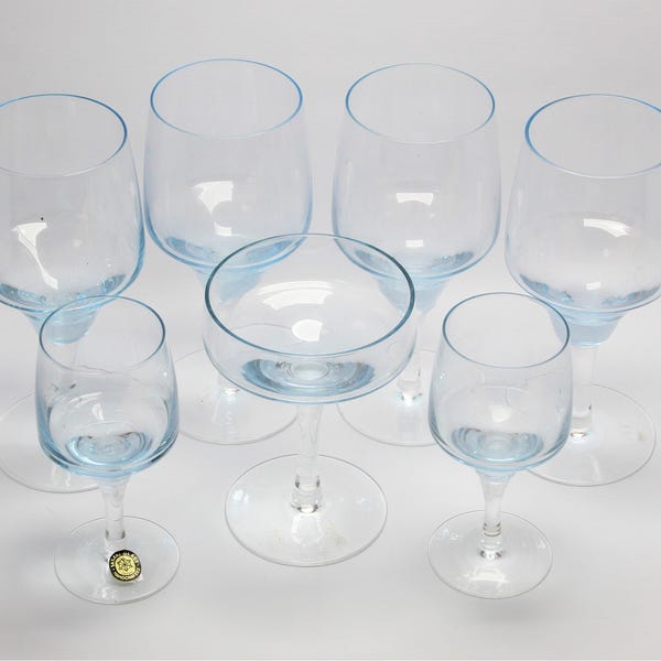 Set of 7-Vintage MCM Sasaki Crystal Harmony Azure Blue Wine/Coctail/Cordials.