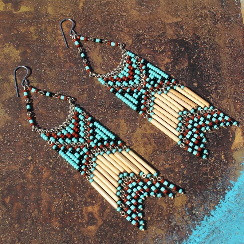 Ethnic Style Bamboo Earrings Southwest Inspired Earrings Hoops Western Style Earrings Dreamcatcher Earrings Turquoise Bead Earrings