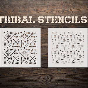 May include: Two white stencils with black tribal designs. The stencil on the left features arrows, triangles, and geometric shapes. The stencil on the right features triangles and small lines. The text "TRIBAL STENCILS" is printed above the stencils.
