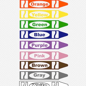 May include: A set of crayons in a rainbow of colors, including red, orange, yellow, green, blue, purple, pink, brown, gray, white, and black. The crayons are arranged vertically in a row, with the red crayon at the top and the black crayon at the bottom.