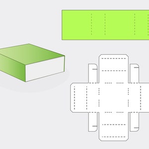 May include: A green box with a white bottom. The box is shown in both a folded and unfolded state. The unfolded state shows the cut lines for assembly.