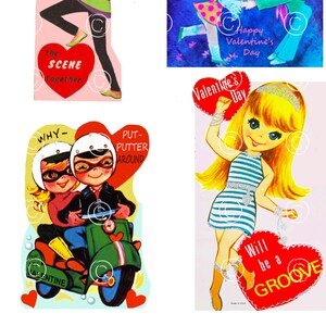 Vintage 60's Valentijnskaarten met Groovy Kids: "Real Groove;" "Echt gas;" Vespa Kids & Kissing Mod Koppel. Digitale Download 5 afbeeldingen ***